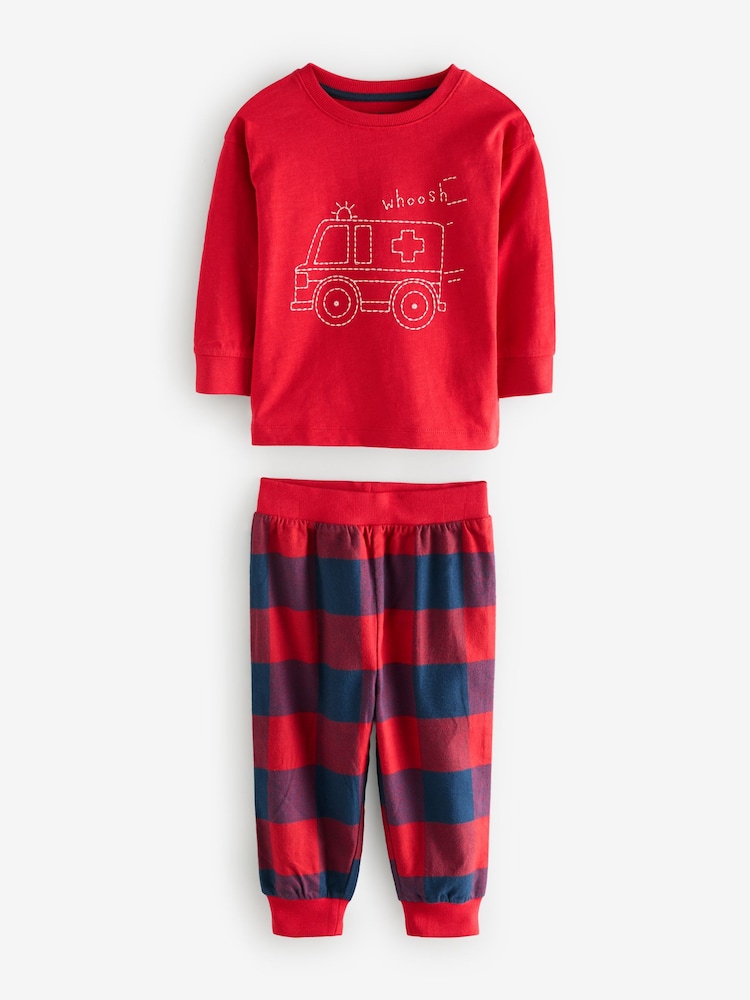Red/Navy/Blue Vehicle Check Woven Bottom Pyjamas 3 Pack (9mths-8yrs) - Image 9 of 11