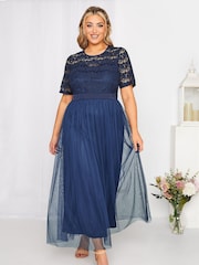 Yours Curve Blue Long Sleeve Sweetheart Lace Mesh Dress - Image 1 of 4