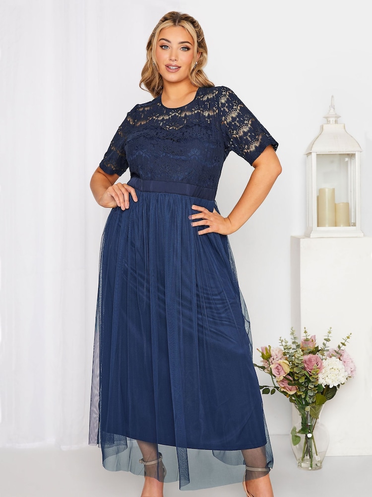 Yours Curve Blue Long Sleeve Sweetheart Lace Mesh Dress - Image 2 of 4 Yours Curve Blue Long Sleeve Sweetheart Lace Mesh Dress - Image 2 of 4