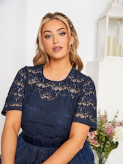 Yours Curve Blue Long Sleeve Sweetheart Lace Mesh Dress - Image 4 of 4