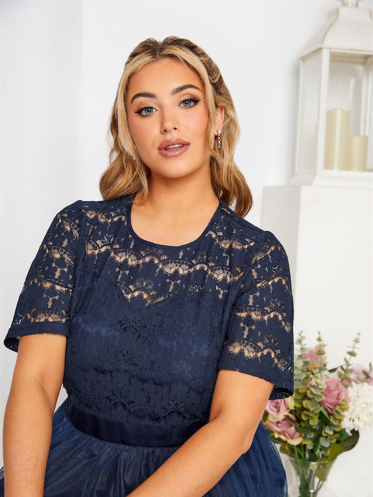 Yours Curve Blue Long Sleeve Sweetheart Lace Mesh Dress - Image 4 of 4
