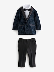 Navy Blue Floral Velvet Blazer, Shirt, Trousers And Bow Tie Set (3mths-9yrs) - Image 6 of 10