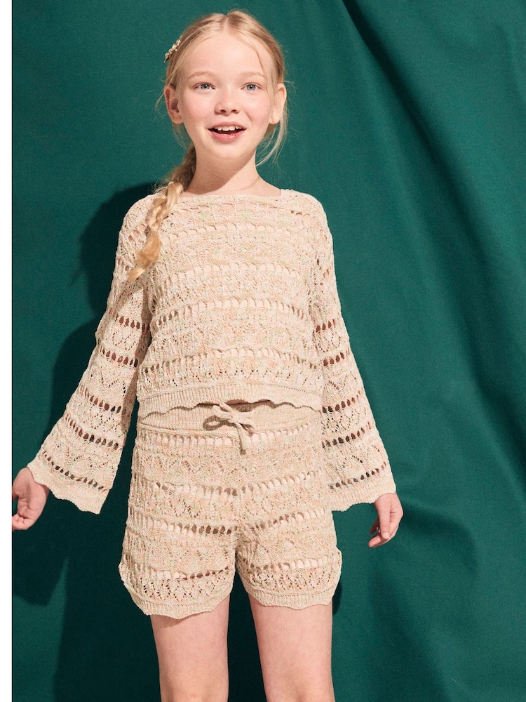 River Island Brown Girls Crochet 100% Cotton Jumper And Shorts Set - Image 1 of 4 River Island Brown Girls Crochet 100% Cotton Jumper And Shorts Set - Image 1 of 4