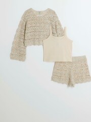 River Island Brown Girls Crochet 100% Cotton Jumper And Shorts Set - Image 2 of 4