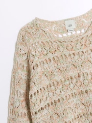 River Island Brown Girls Crochet 100% Cotton Jumper And Shorts Set - Image 3 of 4