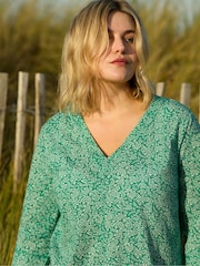 Live Unlimited Green Curve Ditsy Leaf Print Cotton Slub Relaxed Tunic - Image 1 of 11
