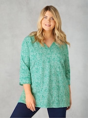 Live Unlimited Green Curve Ditsy Leaf Print Cotton Slub Relaxed Tunic - Image 5 of 11