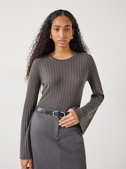 Hush Grey Zelda Fluted Sleeve Rib Knitted Jumper - Image 1 of 5
