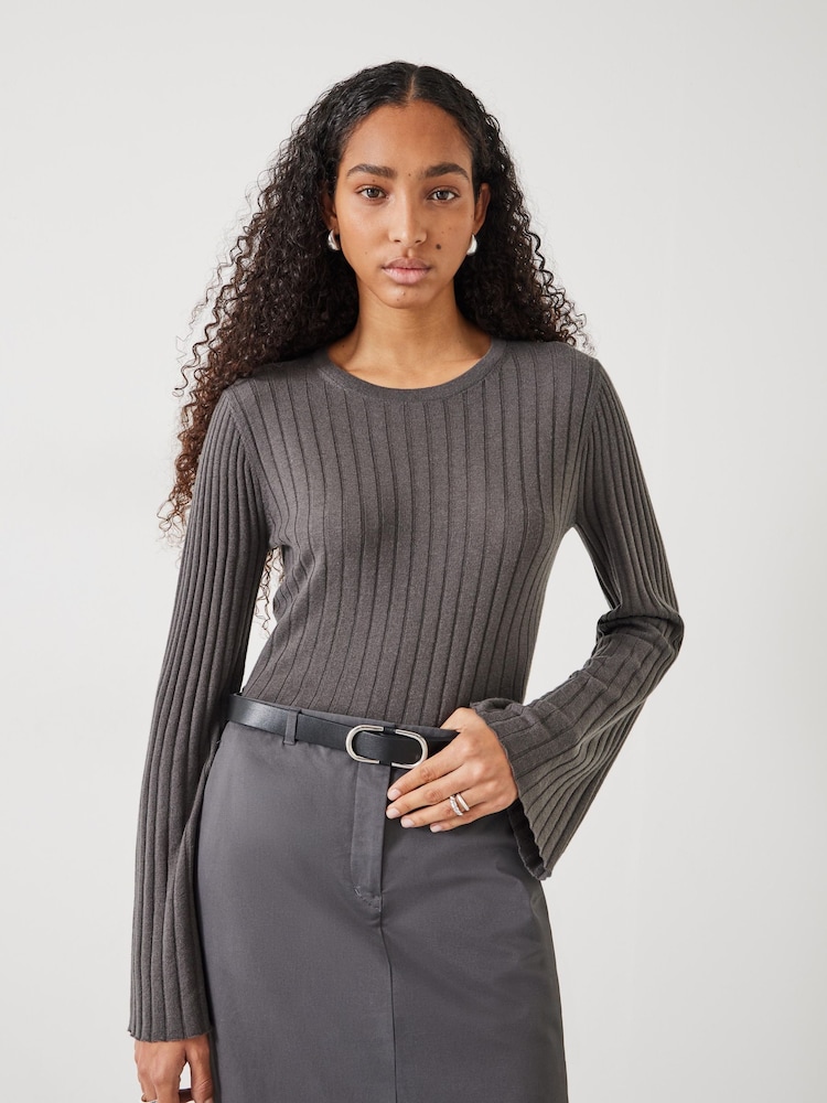 Hush Grey Zelda Fluted Sleeve Rib Knitted Jumper - Image 1 of 5