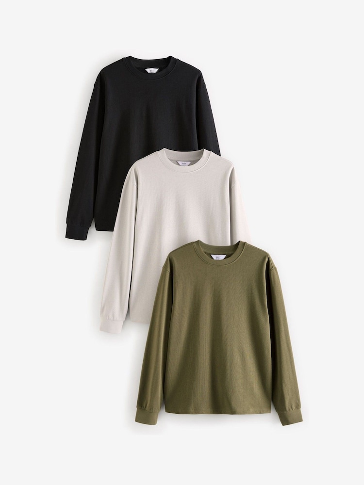 Black/Green/Grey Relaxed Fit Long Sleeve Heavyweight 100% Cotton T-Shirts 3 Pack - Image 1 of 11
