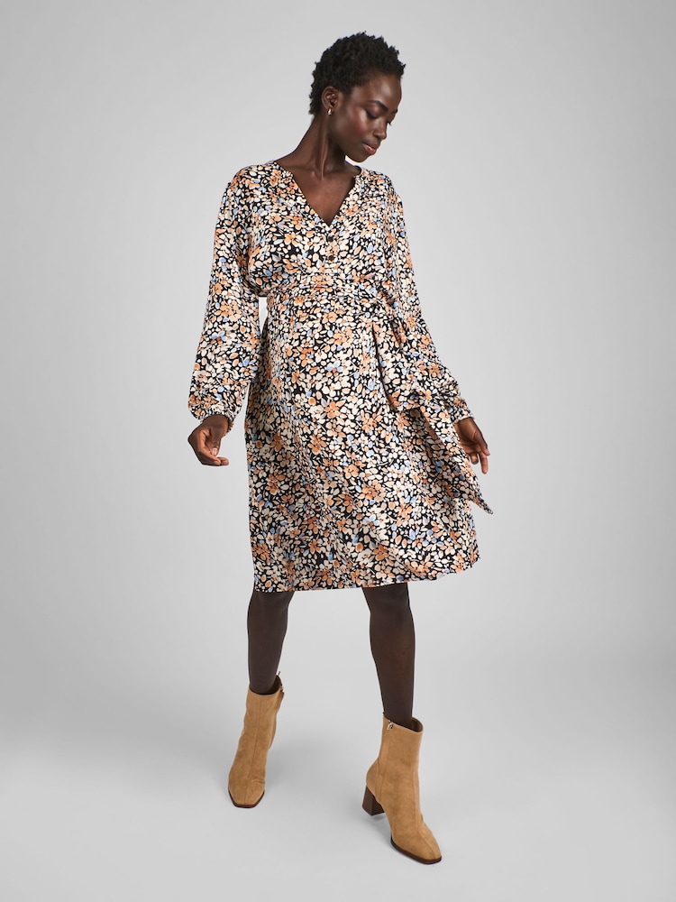 JoJo Maman Bébé Black Floral Blouson Sleeve V-Neck Maternity Mini Dress - Image 1 of 5
