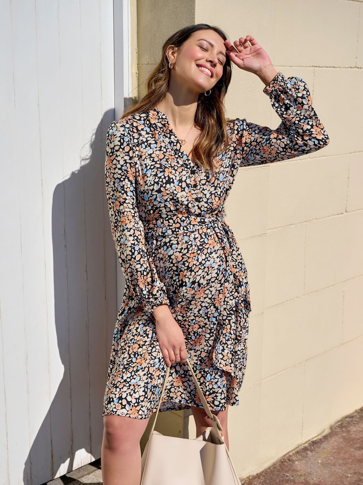 JoJo Maman Bébé Black Floral Blouson Sleeve V-Neck Maternity Mini Dress - Image 5 of 5