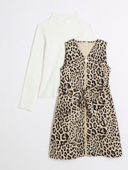 River Island Brown Girls Animal Belted Pinny 100% Cotton Dress - Image 1 of 4