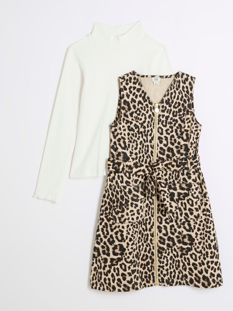River Island Brown Girls Animal Belted Pinny 100% Cotton Dress - Image 1 of 4