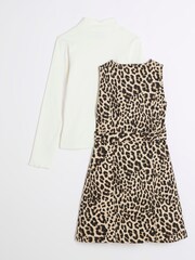 River Island Brown Girls Animal Belted Pinny 100% Cotton Dress - Image 2 of 4