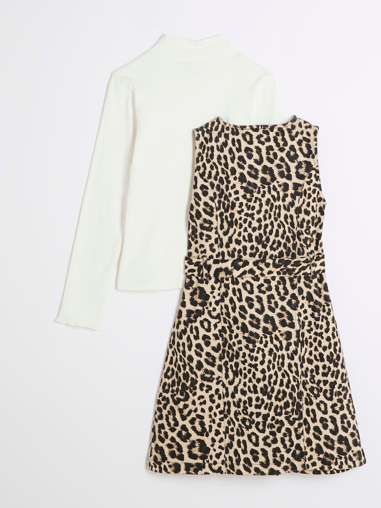 River Island Brown Girls Animal Belted Pinny 100% Cotton Dress - Image 2 of 4 River Island Brown Girls Animal Belted Pinny 100% Cotton Dress - Image 2 of 4
