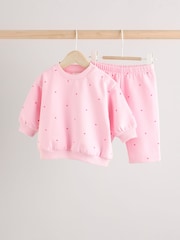 Pink/ Red Heart Print Cosy Baby Sweatshirt And Leggings 2 Piece Set - Image 1 of 11