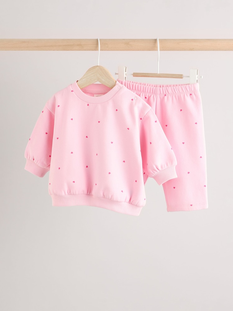 Pink/ Red Heart Print Cosy Baby Sweatshirt And Leggings 2 Piece Set - Image 1 of 11