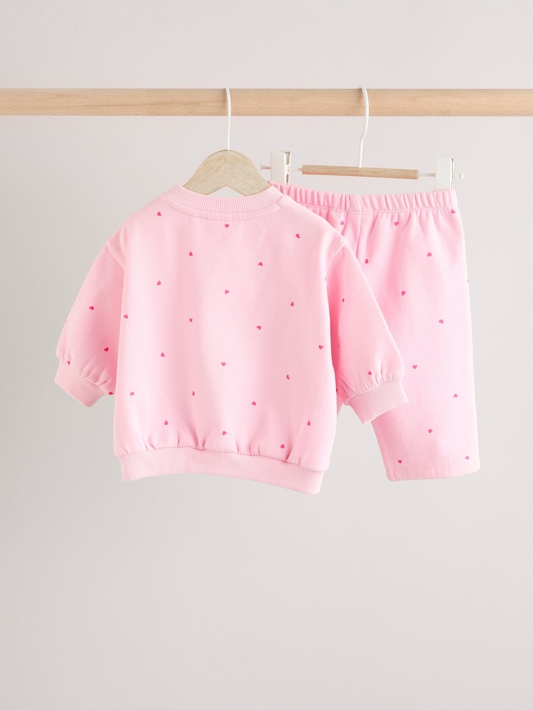 Pink/ Red Heart Print Cosy Baby Sweatshirt And Leggings 2 Piece Set - Image 2 of 11