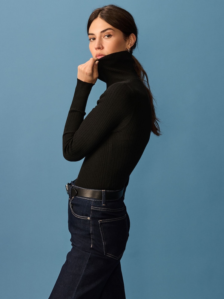 Black High Roll Neck Rib Knitted Jumper with Wool - Image 1 of 8