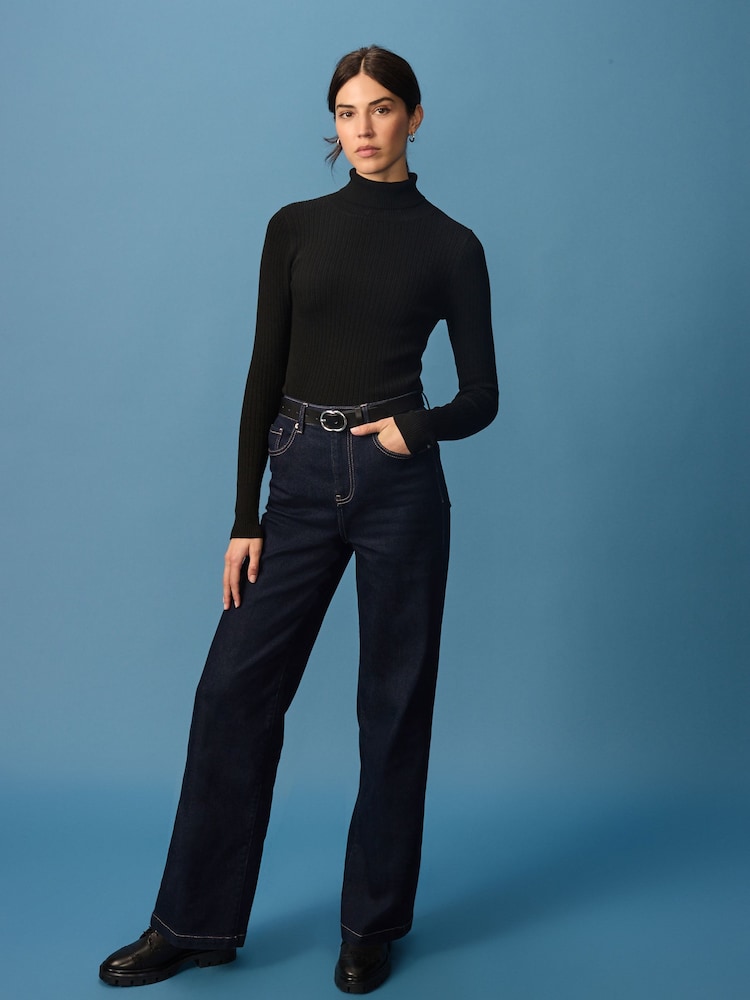Black High Roll Neck Rib Knitted Jumper with Wool - Image 2 of 8