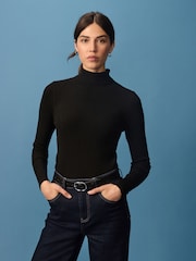 Black High Roll Neck Rib Knitted Jumper with Wool - Image 3 of 8