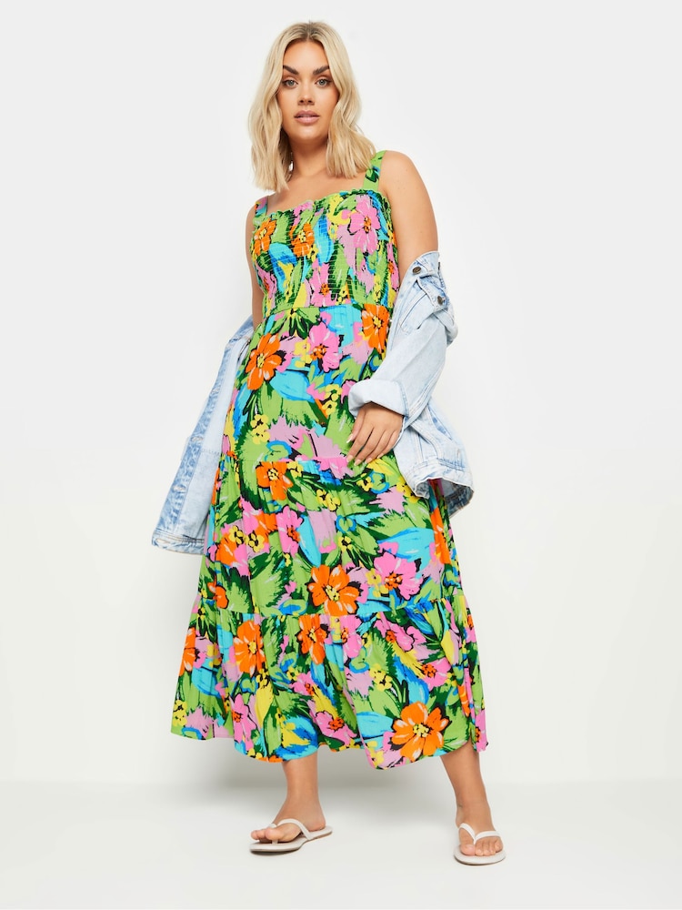 Yours Curve Blue Shirred Strappy Tiered Maxi Dress - Image 1 of 5