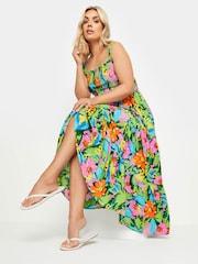 Yours Curve Blue Shirred Strappy Tiered Maxi Dress - Image 2 of 5