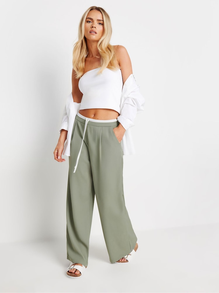 PixieGirl Petite Green Contrast Waist Wide Leg Trousers - Image 1 of 5