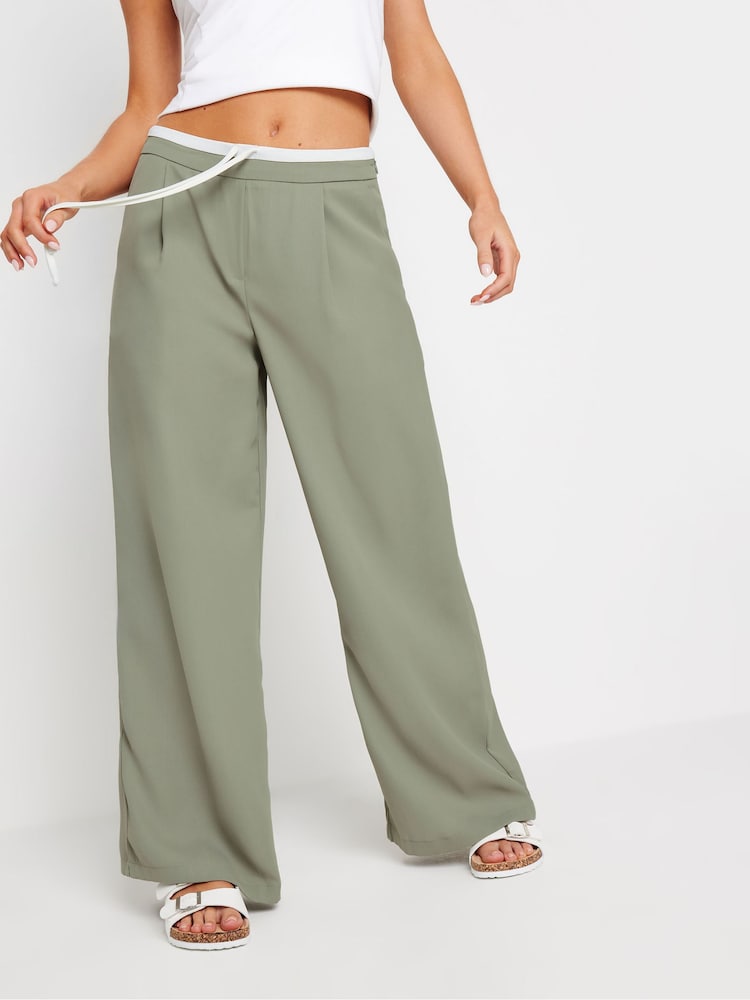 PixieGirl Petite Green Contrast Waist Wide Leg Trousers - Image 2 of 5