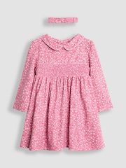 JoJo Maman Bébé Pink Ditsy Floral Smocked Peter Pan Dress - Image 1 of 4