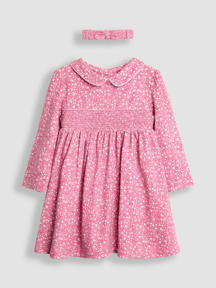JoJo Maman Bébé Pink Ditsy Floral Smocked Peter Pan Dress - Image 1 of 4
