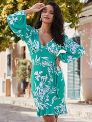 Sosandar Green Floral Print Wrap Front Dress - Image 2 of 5
