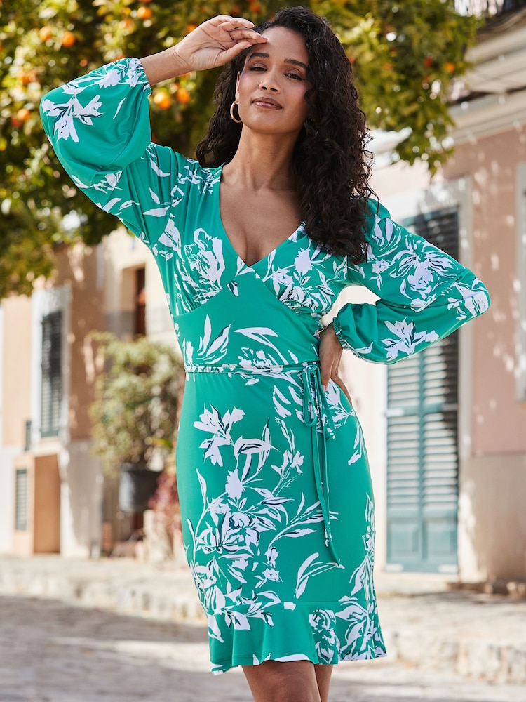 Sosandar Green Floral Print Wrap Front Dress - Image 2 of 5