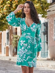 Sosandar Green Floral Print Wrap Front Dress - Image 4 of 5