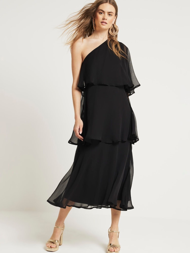 River Island Black One Shoulder Tiered Midaxi Dress - Image 1 of 4