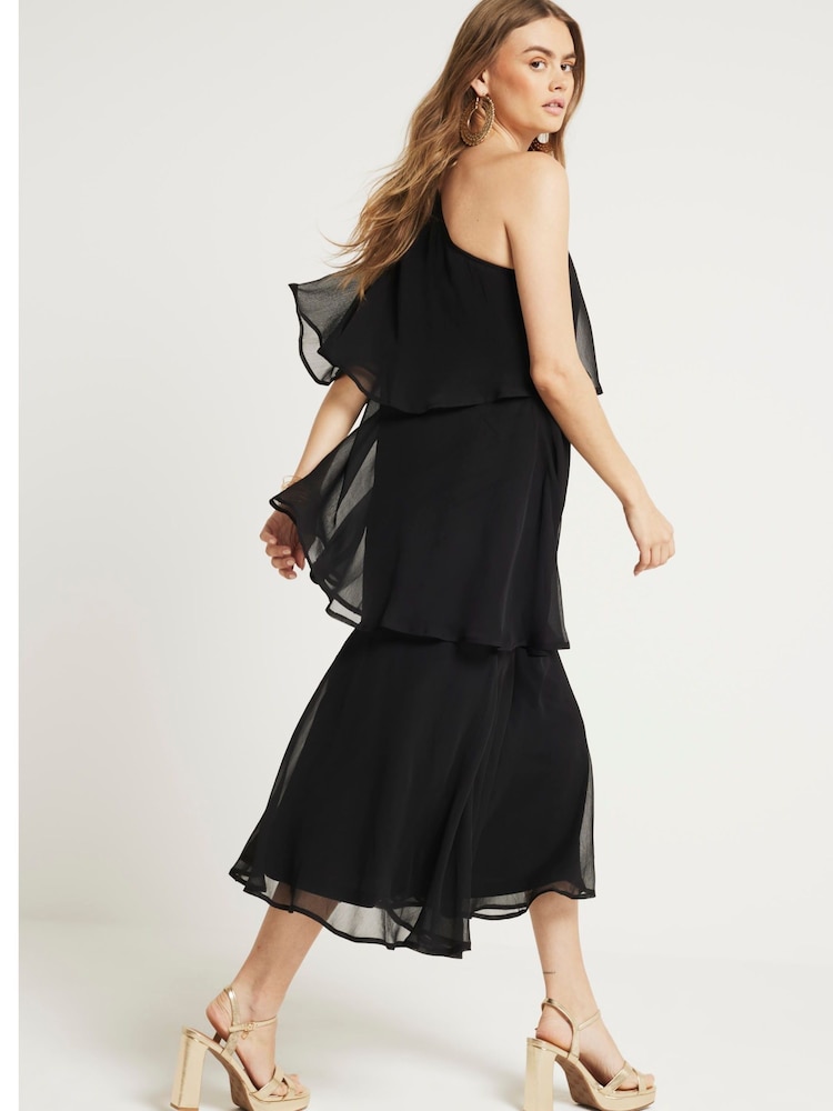 River Island Black One Shoulder Tiered Midaxi Dress - Image 2 of 4