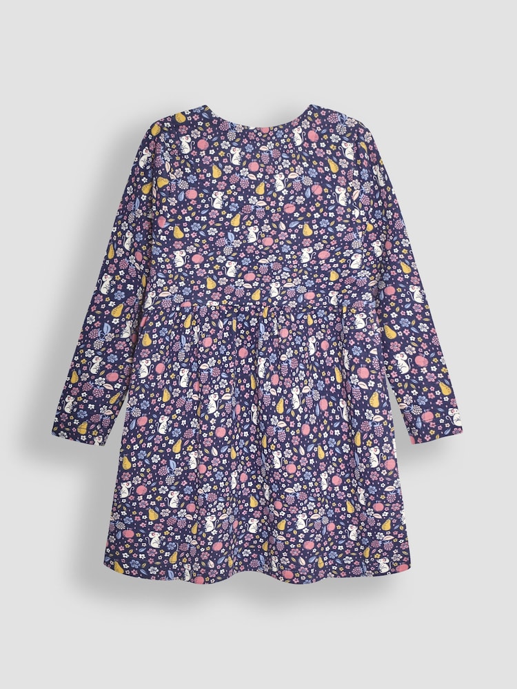 JoJo Maman Bébé Denim Blue Fruit & Mouse Button Front Dress - Image 1 of 3