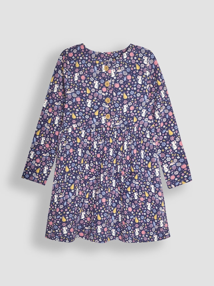 JoJo Maman Bébé Denim Blue Fruit & Mouse Button Front Dress - Image 2 of 3