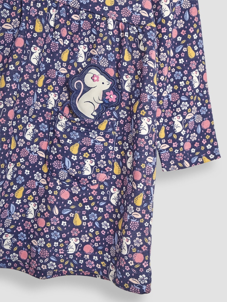 JoJo Maman Bébé Denim Blue Fruit & Mouse Button Front Dress - Image 3 of 3