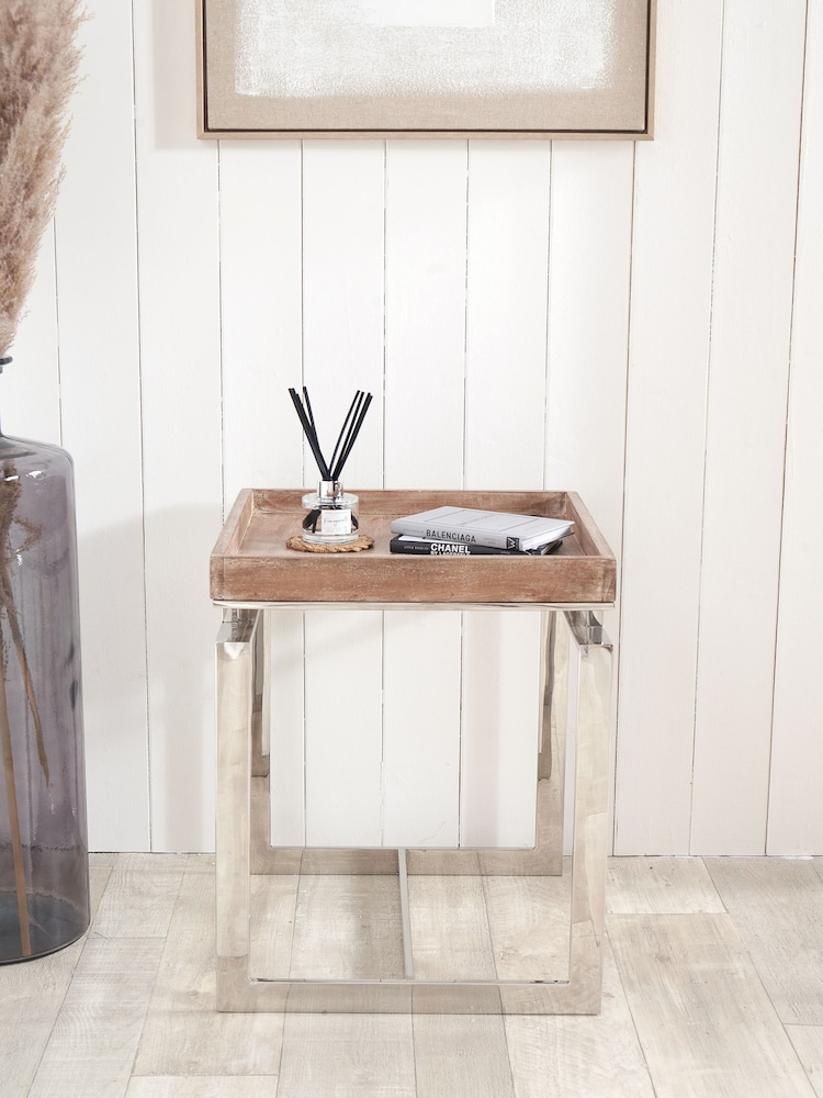 Pacific Mirrored Mango Wood and Silver Metal Side Table - Image 1 of 6
