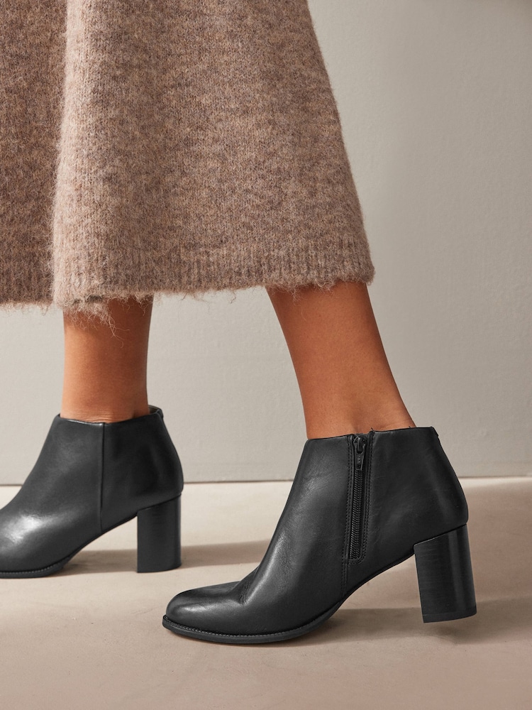Black Leather Forever Comfort® Leather Block Heeled Almond Toe Boots - Image 2 of 7