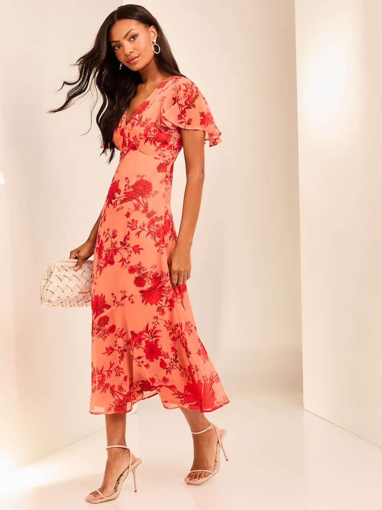Lipsy Dark Pink Flutter Sleeve Floral Chiffon Midi Dress - Image 1 of 4