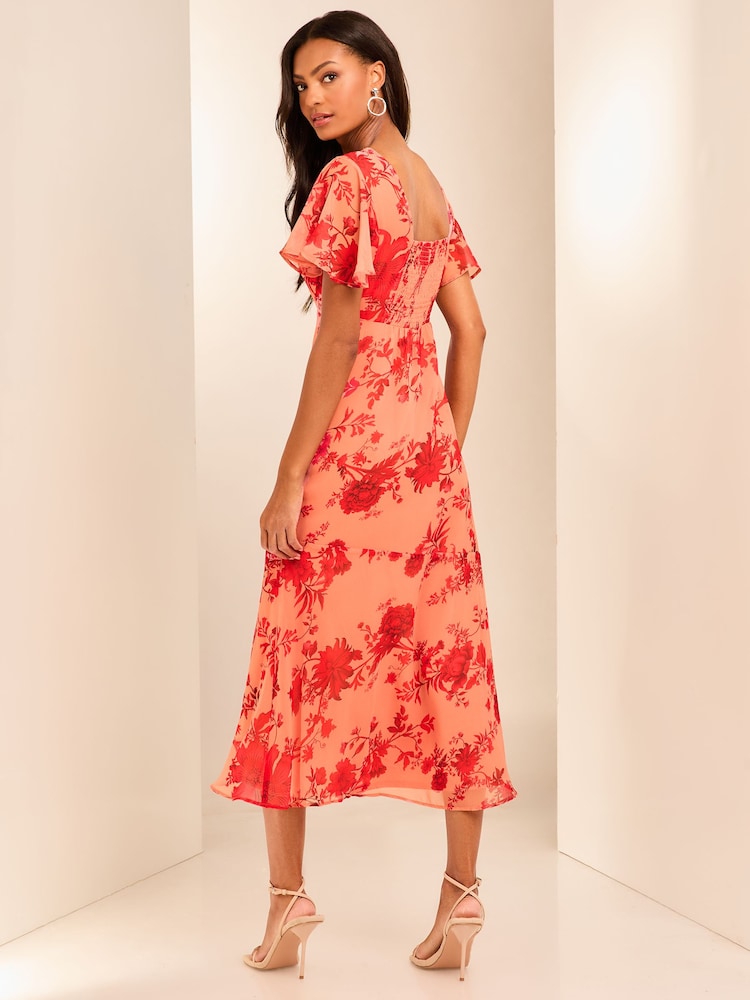 Lipsy Dark Pink Flutter Sleeve Floral Chiffon Midi Dress - Image 4 of 4