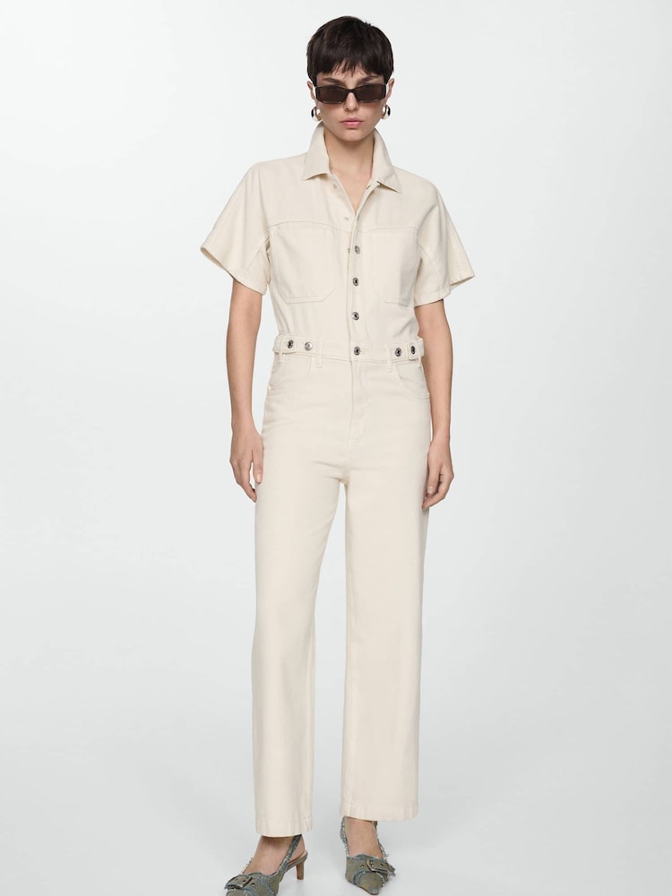 Mango Cream 100% Cotton Denim Jumpsuit With Multi-Position Buttons - Image 1 of 6 Mango Cream 100% Cotton Denim Jumpsuit With Multi-Position Buttons - Image 1 of 6
