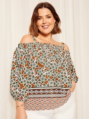 Curves Like These Brown Strappy Bardot Long Sleeve Satin Blouse - Image 1 of 4