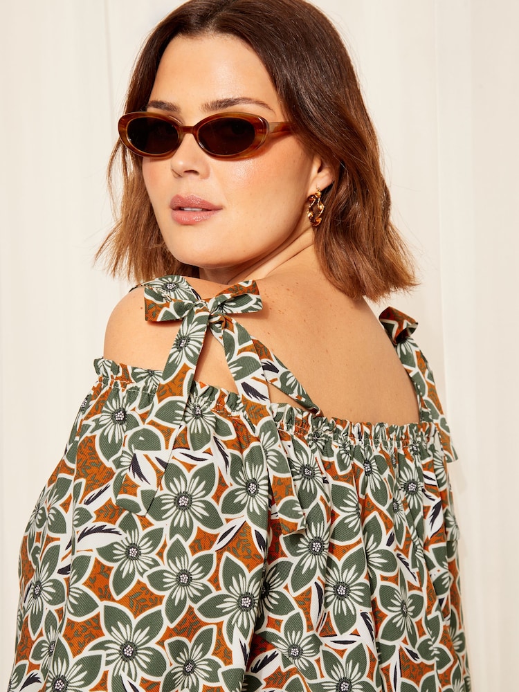 Curves Like These Brown Strappy Bardot Long Sleeve Satin Blouse - Image 2 of 4