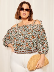 Curves Like These Brown Strappy Bardot Long Sleeve Satin Blouse - Image 3 of 4