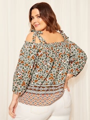 Curves Like These Brown Strappy Bardot Long Sleeve Satin Blouse - Image 4 of 4