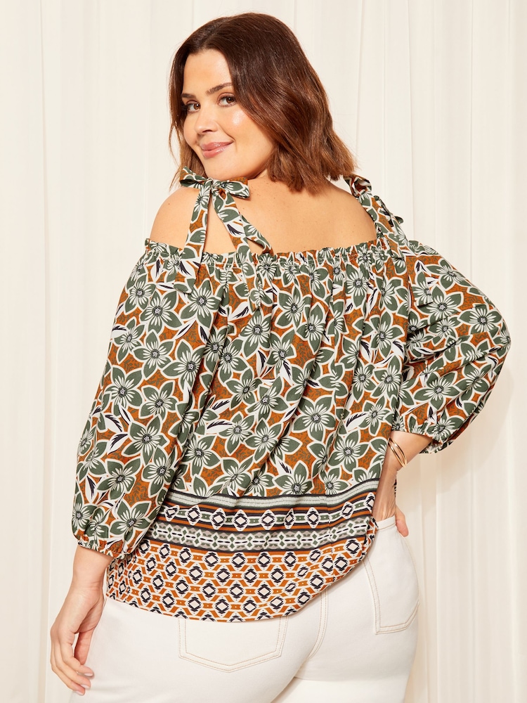 Curves Like These Brown Strappy Bardot Long Sleeve Satin Blouse - Image 4 of 4
